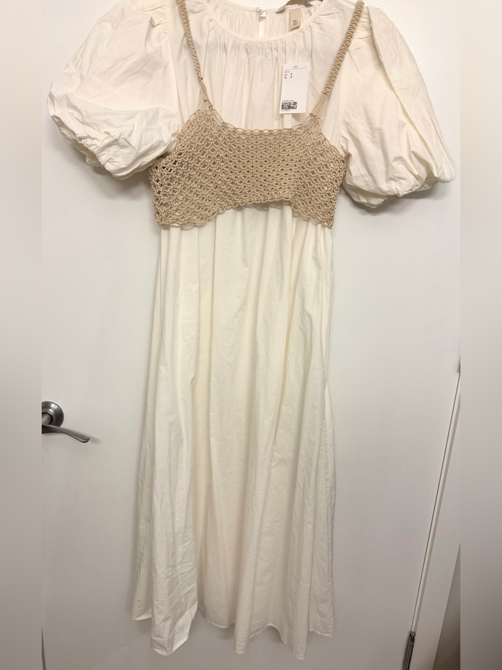 Cool Girl H&M Cream Maxi Dress with Beige Crochet Bodice and Puff Sleeves Small